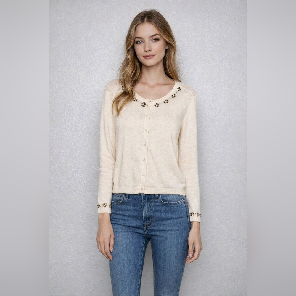 Ice Size M Cream Cardigan with Floral Embellishments Rhinestone Beaded Angora